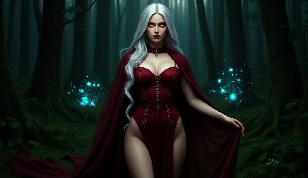 a beautiful dark elf woman with long white hair and a hairband covering one eye, gold glowing eyes, large breasts, hoop earrings, long pointy ears, wearing royal dark purple tunic with legs exposed, walking through a night forest, (best quality, 4k, 8k, highres, masterpiece:1.2),ultra-detailed,(realistic,photorealistic,photo-realistic:1.37), award winning, super detailed, UHD