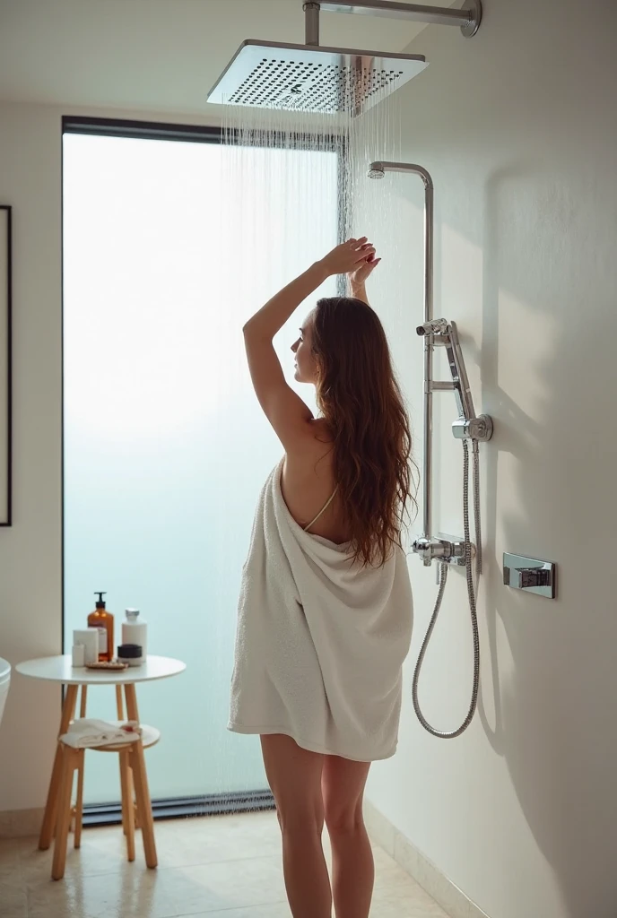 a naked girl stepping out of the shower, glass walls, people watching from the other side of the glass, photo-realistic, 8k, hyperdetailed, high quality, cinematic lighting, warm color tones, dramatic mood, elegant poses, beautiful detailed eyes, beautiful detailed lips, extremely detailed face, long eyelashes, wet skin, water droplets, steam, soft natural lighting, reflection in the glass, voyeuristic perspective, architectural interior, minimalist design, glass panels, modern bathroom