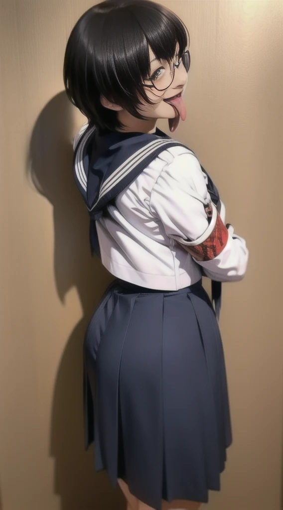 Suzuka, girl, short hair, black hair, white seifuku shirt top, blue skirt, red armband, view from behind, pantyline, tight ass, Wallpaper, wedgie, butt cheeks