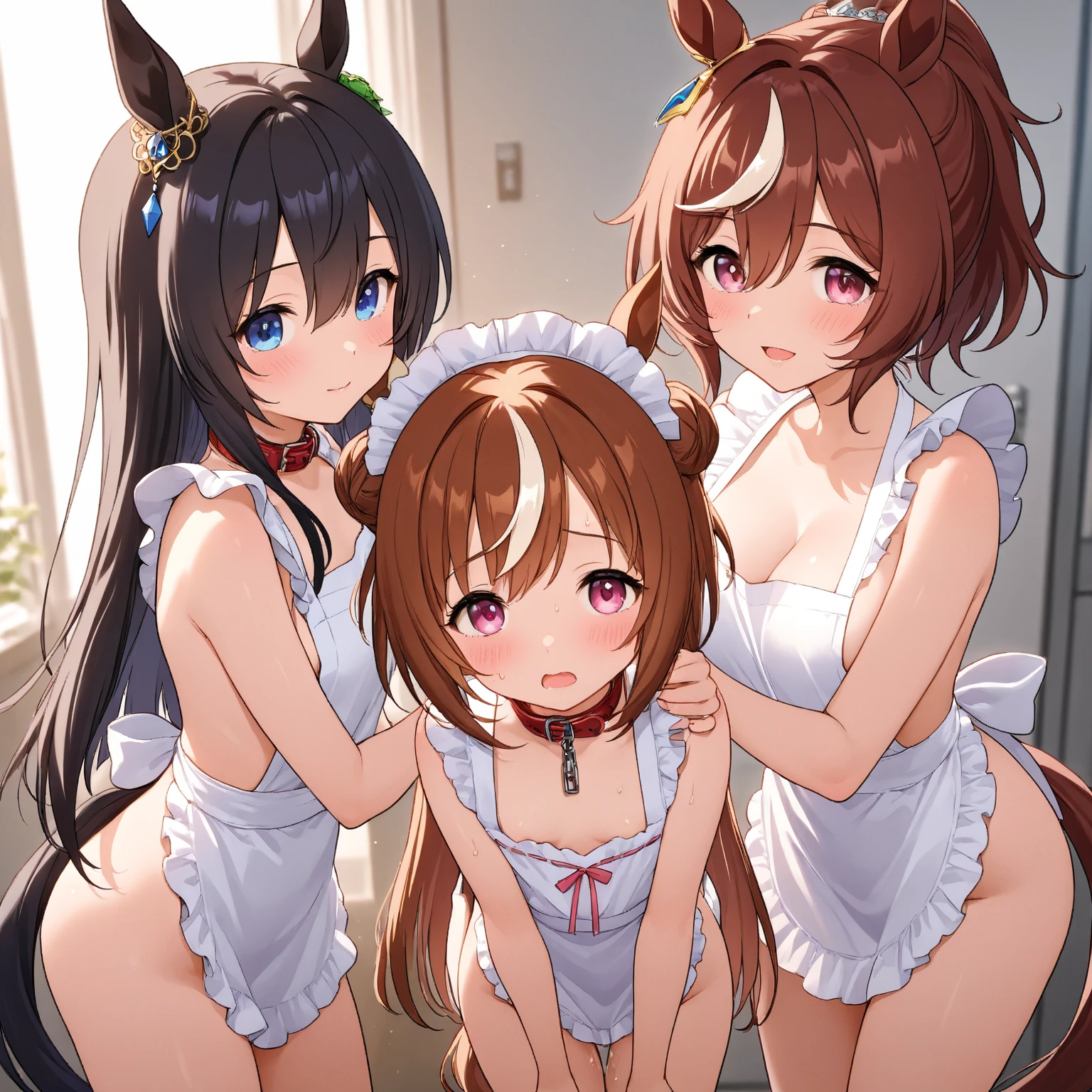 furry fox girl,3 girls, long hair,pubic fur,neck fur,armpits fur,ultra detailed fur,standing,smile,open mouth,blush,eye close,naked mini apron,glasses,neck red ribbon,maid headdress,plenty pussy juice,looking at viewer,welcome bow to viewer,very hot,a lot of cake on bed background