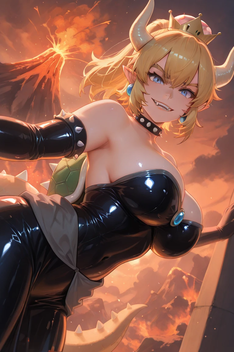 ((high detailed, best quality, 4k, masterpiece, hd:1.3)), ((best quality)), (((HD))), (((8k))), (ultraDH), (ultra HD), Princess Daisy, blue eyes, BREAK blue eyes, seductive, attractive, smooth anime cg art, 36C breasts, long legs, vivid colors, detailed digital art, slim body, perfect skin, dark blonde hair, long hair, blonde hair, blonde hair, BREAK crown, cleavage, 36C cleavage, looking at viewer, BREAK looking at viewer, extremely detailed face, red santa suit, red santa claus suit, santa claus suit, earrings, gem, dark black makeup lips, dark gothic eyeshadows, dark eyeshadows, black eyeshadows, black sexy lips, black lips, (dark:1.2), dark lips, very dark lips, (perfect hands, perfect anatomy), black makeup, black medium lips, black thick lips, detailed fingers, five fingers per hand, 5 fingers, (1 girl), detailed lips, detailed black lips, black painted lips, gothic painted lips, BREAK night, night sky, (breast focus), (arms outstreched:1.2), (from above:1.1), (breasts out:1.3), (off shoulder:1.1), (white horns), (bra), inside a lava castle, she inside a sea of lava, she bathing in lava, (((busty pornstar)))