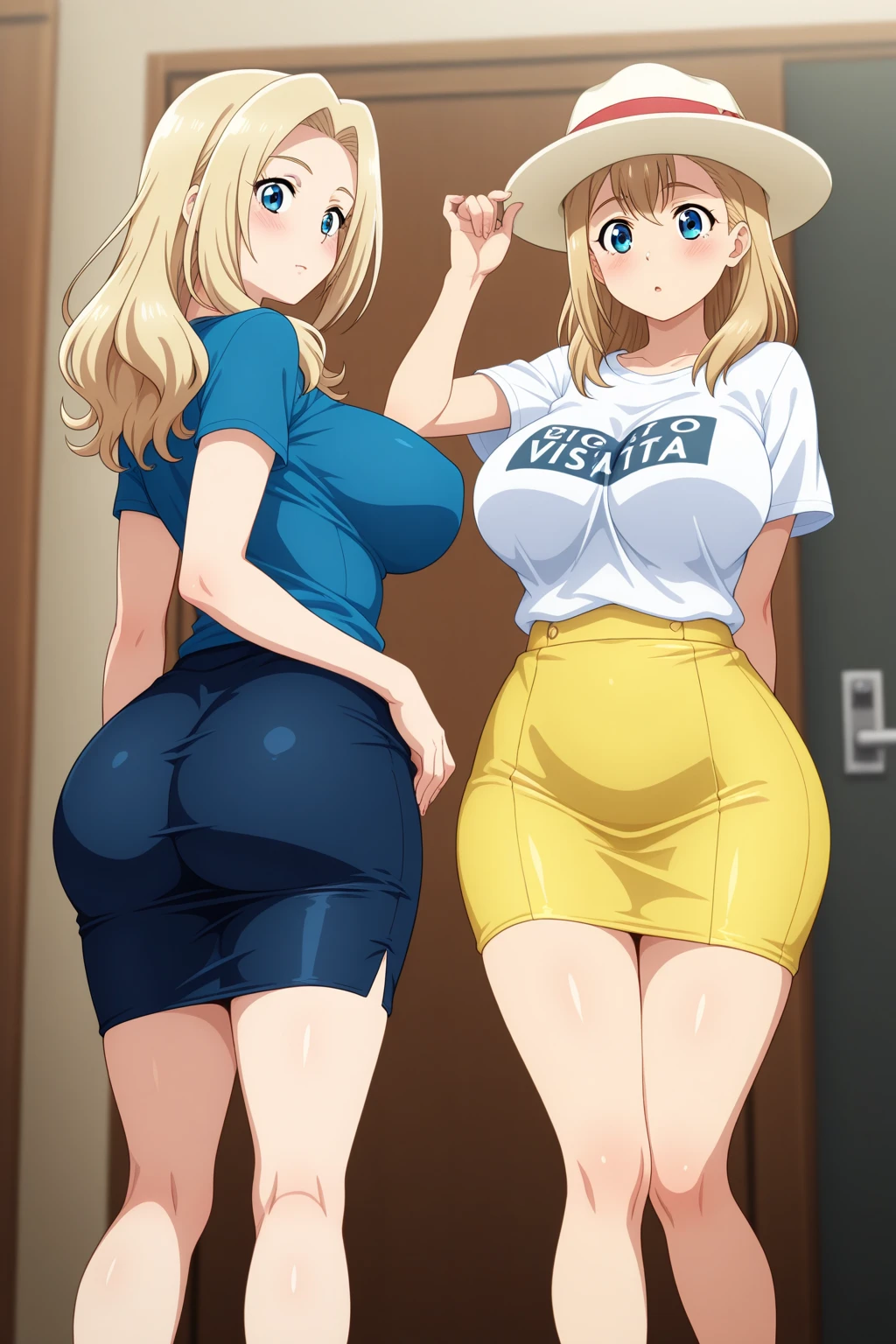 ((highres)), Masterpiece, high quality, best quality, beautiful, perfect lighting, detailed face, ultra cute face, (((2girls))), standing next to each other, one girl has blonde hair, blue eyes, one girl has brown hair, green eyes, hotel lobby, medium breasts, perky breasts, cleavage, ((wide hips)), ((thick thighs)), ((ass)), ((chubby)), fat folds, belly hang, sexy pose, crop top, shorts, looking at viewer, from behind, ((ass grab)),