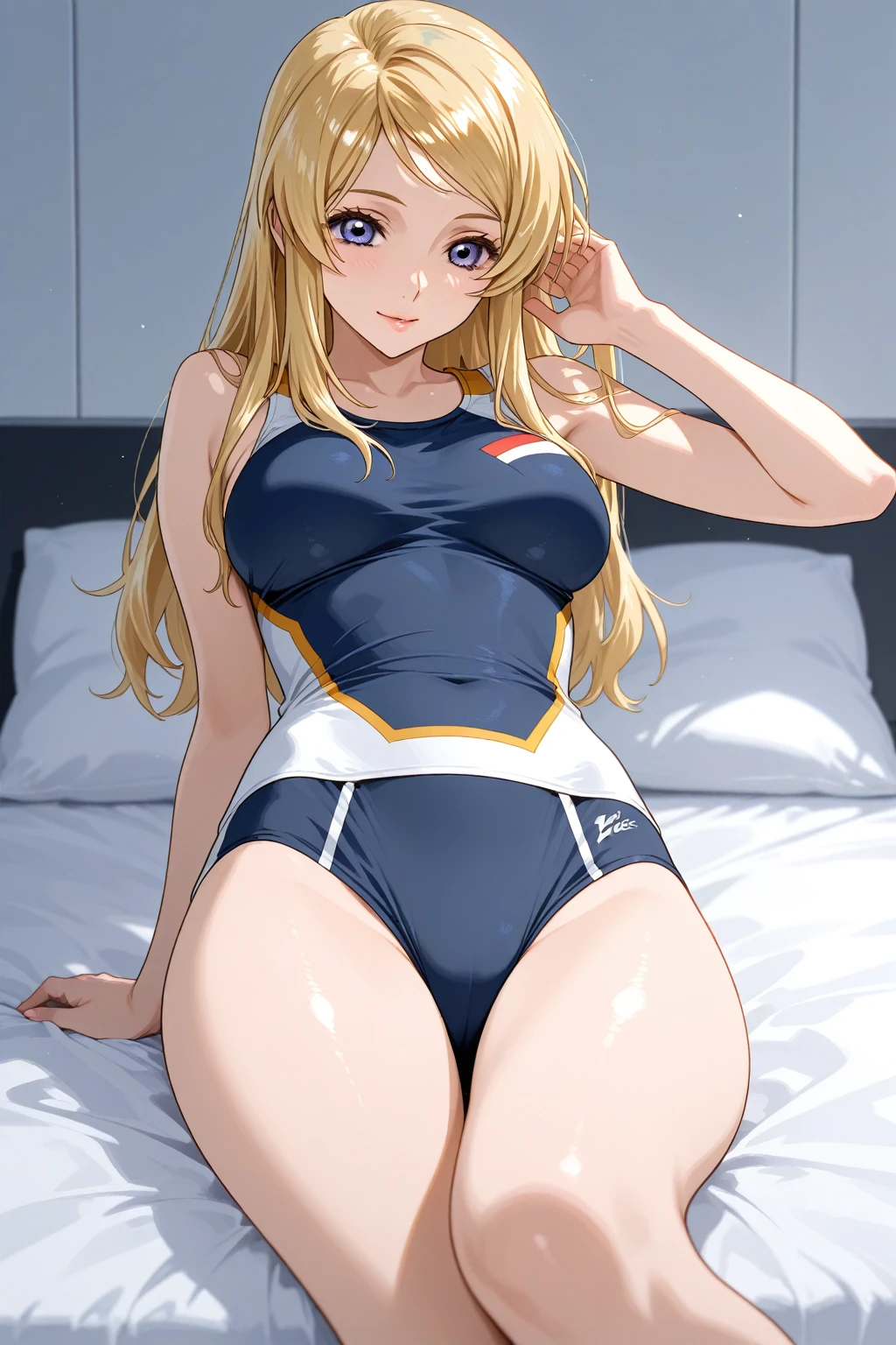 Woman with ????? between her legs　A woman wearing a uniform and a shiny black high-cut school swimsuit　　Spread your legs　Vertical roll hair