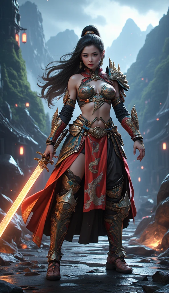 young Aztec teenager, ancient Aztec warrior, wielding a sword, evil look, combat stance, face paint, body paint, sexy, medium breasts, ancient Aztec battle costume and armor, Aztec pyramid in the background, highly detailed and vibrant appearance, creative behavior, extremely detailed, imaginative, sensual, spontaneous, highest quality, skin texture, intricate details (cinematic lighting), RAW photo, 8k, masterpiece, best quality, ultra detailed, highly detailed illustrations, extremely detailed, details intricate, high resolution, super complex details, extremely detailed 8k cg wallpaper,
