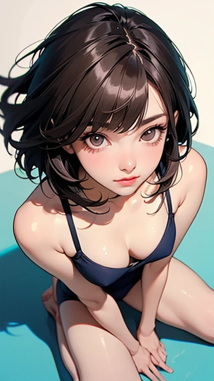 (((masterpiece, best quality, ultra highres, 1 girl, solo, no background))), super detailed skin and face and eyes and finger, beautiful japanese woman, small breasts:1.5, skinny, light brown hair, white background, very short curly pixie hair, (an illustration of girl), Knee shot, Generate with illustrations, Various expressions, Various poses, Please draw the entire character within the frame, ensuring that the head, arms, and legs are not cut off. The background should be simple, with the character positioned centrally, outline, anime, sad, bikini, sitting, spread legs,