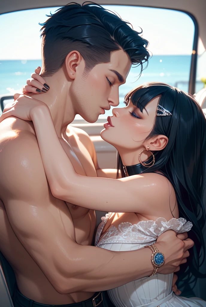 Man and woman, at pool, aggressive kissing kiss, staring intently to eyes. No one look at front. Man Hugging woman from back and kissing, Lovers. Hand on the waist. Hand on the neck. Hand on the face. 
20-year-old boy and 18-year-old girl. cute, sunny, warm vibes, Handsome-cool-warm-boy with black hair and hot-seductive-sexy-cute-beautiful-girl with black hair and blushing face use sexy clothes. Intimate vibes. 