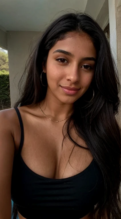 Une femme africaine noire brune de 23 ans, ((gros seins)), ((hyperréalisme)) ,. brown hair with light brown roots, very long hair, beau, vue de face, Selfie, prix photo avec iPhone, elegant black shirt with escote, Coupe-bas, Selfie dans le jardin, High quality, Selfie iPhone, clivage