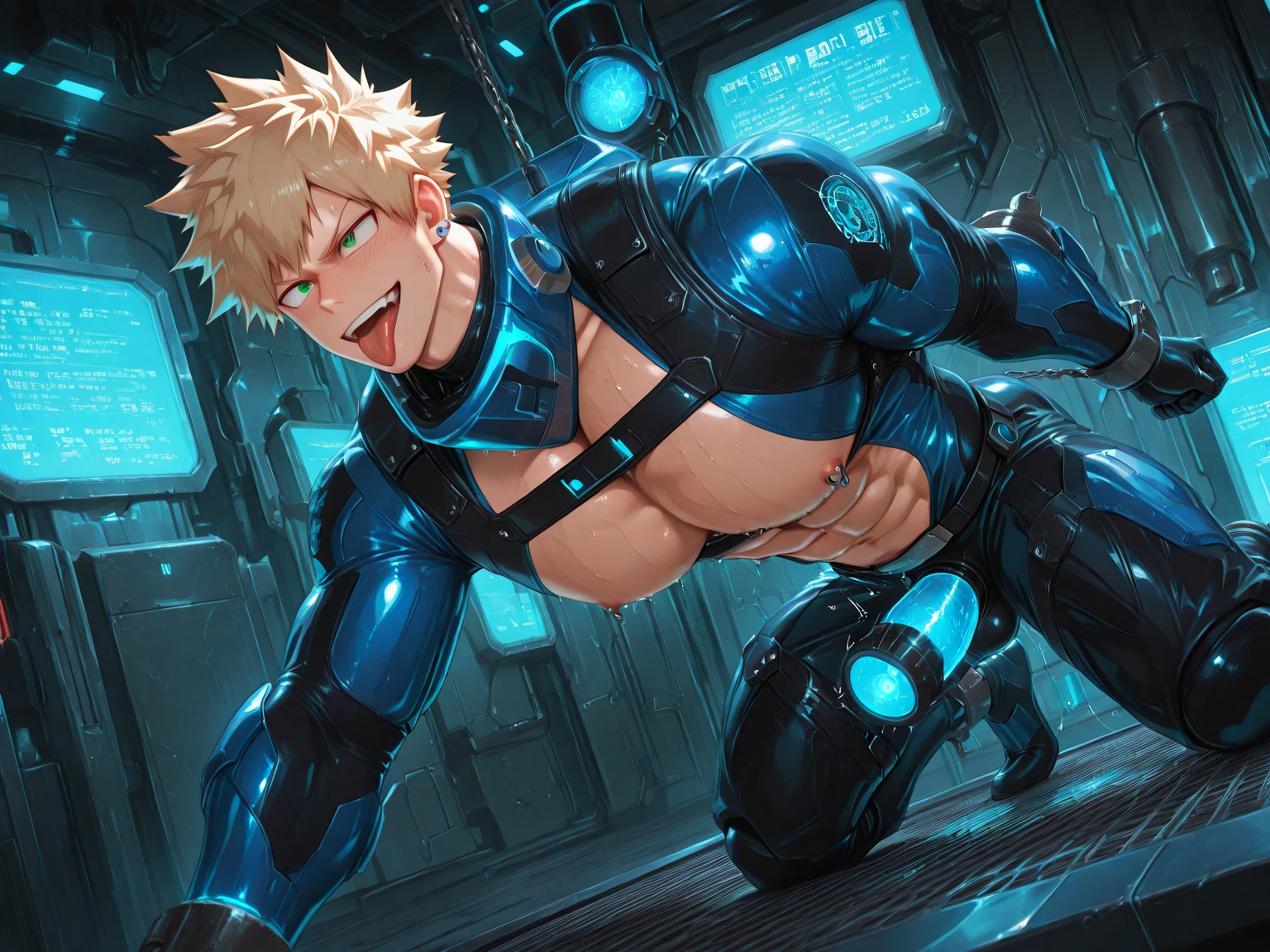 masterpiece, best quality, 8K, ultra res, extremely detailed,, Hero undergoes a futuristic mind control treatment. He's seated in a mechanical chair, a sleek black visor covering his eyes. His expression is emotionless. The 30-year-old man, muscular and wild, sports a blonde hair with a very short haircut. His lower face and body are covered by a skin-tight, all-black suit. The lab around him is futuristic.