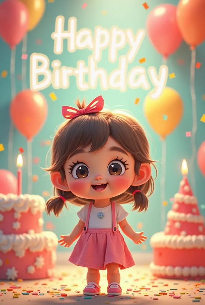 9 year old girl with big brown eyes, curly hair tied in a braid, holding a cake. She wears jeans and a pink blouse with a butterfly print.. There is a sign that says happy birthday. the background is white