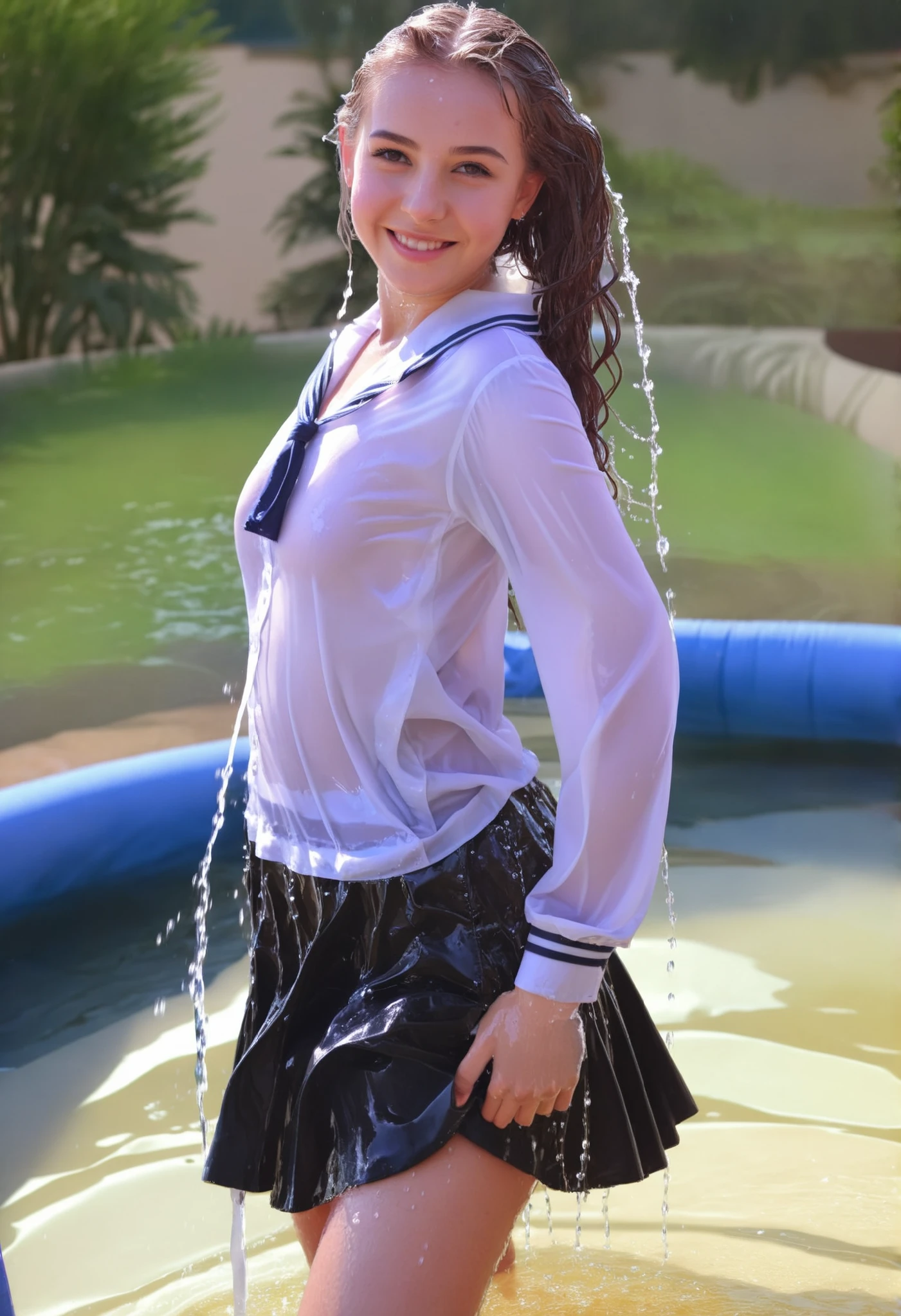 20 yo woman in a school uniform is playing in the water, at the beach, wet sand, waves, long sleeves, (cardigan), ((school tie)), (white shirt), ((loose tie)), ((pleated skirt)), closeup fantasy with water magic, beautiful maiden, wearing a skirt made of water, photorealistic, dripping wet, in water up to her shoulders, beautiful realistic photo, nymph in the water, hyperrealist portrait at seaside, hyperrealistic fantasy photo, splashing, cute shot, narrow depth of field, 8k, ((drenched)), ((soaked)), (dripping water), dripping oil, heavy clothes, soaked in oil, ((wet all over)), ((wet dripping hair)), black ponytail, glasses, thai woman, smiling at viewer, (see through), varied poses
