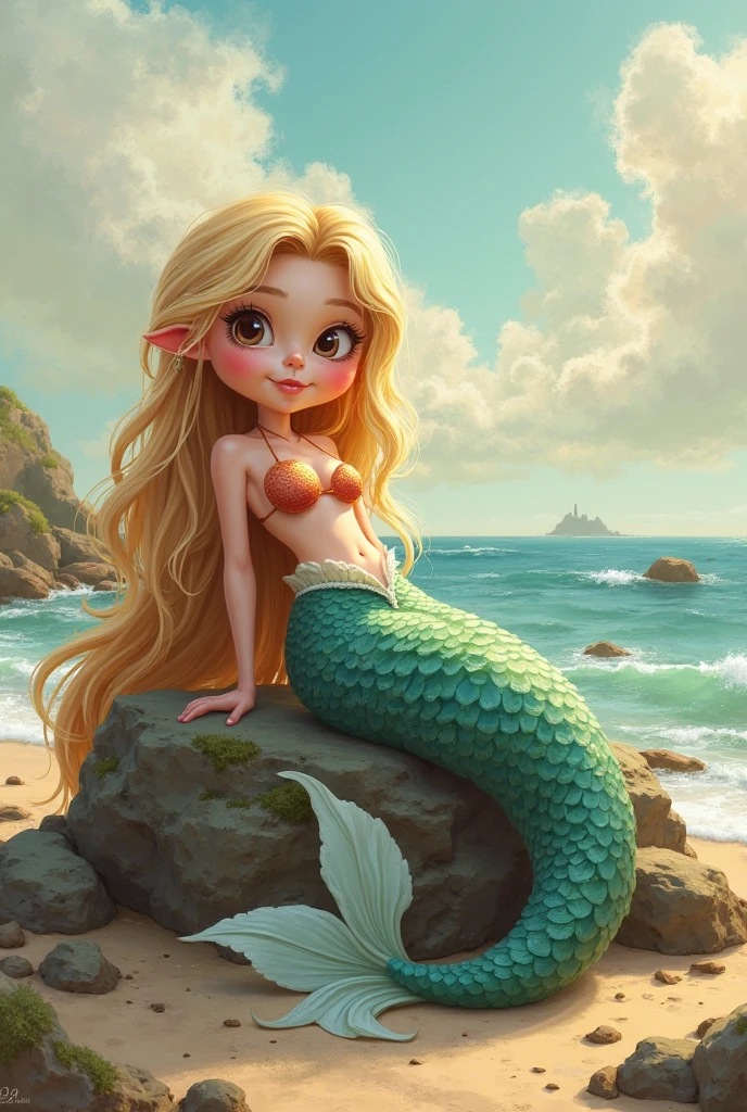 Caricature: A whimsical and artistic depiction of a very elderly 90 year old mermaid lying on a rock in the ocean. She is smiling broadly. The mermaid has long hair that flutters in the breeze. The mermaid is positioned as if she is lying 3/4, belly down on the rock-rock. The scene takes place against a beautiful blue sky. The mermaid is surrounded by various elements, pebbles, seaweed, strong and large splashes from the waves. Disney Pixar cartoon style. Blurred background. Light haze.