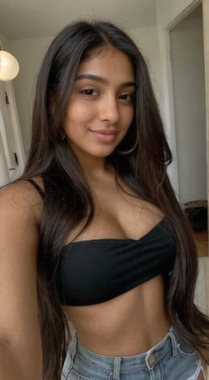 ((best quality)) perfect beautiful oval face brunette young woman tan skin full lips, closed mouth, latin girl 23 years old skinny body very long and dark extremely BLACK HAIR, raven BLACK hair, realistic skin texture, realistic hair texture WEARING CLOTHES, selfie photo ,