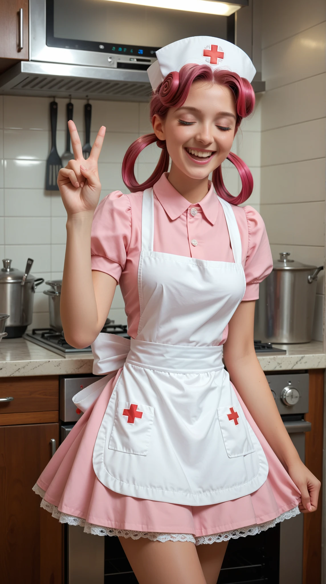 nurse joy, blue eyes, pink hair, hair rings, nurse cap, pink shirt, white apron, looking at viewer, smiling, standing, inside hospital, bright lighting, high quality, masterpiece <lora:PKMN_NurseJoy-DEF:.7>