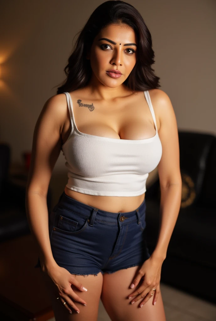 masterpiece,ultra detailed,black cap,patterned white tanktop,denim short pants,(tanned skin),plump mature face,,curvy body,brown hair,(tareme),make-up,jacket,28 years old,seductive female,thick make-up