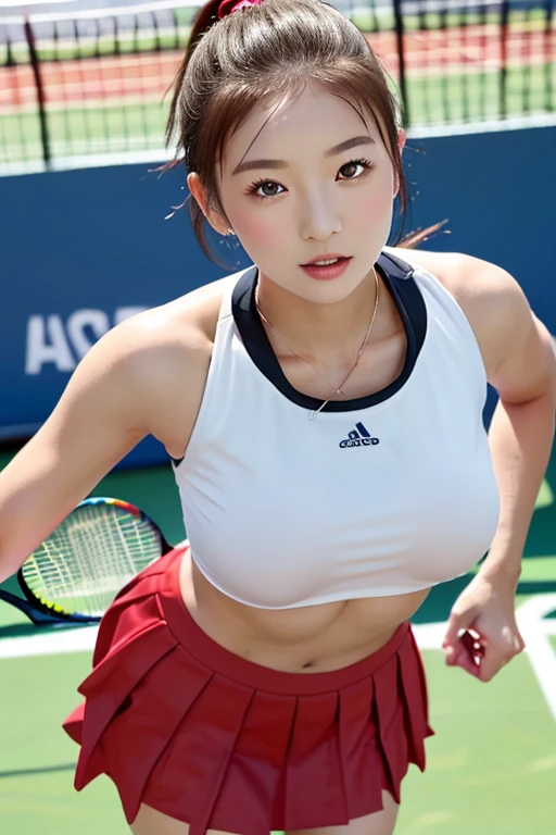 Super detailed、masterpiece、highest quality、ultra high resolution、In 8K、High level image quality、real live action、japanese woman, beautiful, slender woman:1.3, Transparency that looks great in photos、fine eyes、Gradation、Anatomically perfect body proportions ,hard disk、Nikon Z9 80mm lens 、table top、((Aboard the Aegis ship:1.5)), cinematic lighting, Physically based rendering, award-winning, highly detailed skin, highly detailed face, beautiful eyes in every detail、((big breasts:1.3, cleavage is visible:1.3)), On the tennis court:1.3, (she is wearing white clothes, black, And a pink tennis uniform.:1.5)、hold your chest with both hands, 18-year-old, adult woman, beautifulライトクリアブラウンの髪、look at the camera、daytime street、beautiful alignment and white teeth、sparkling eyes、Shiny lips with lip gloss、too bright natural light、shining sun