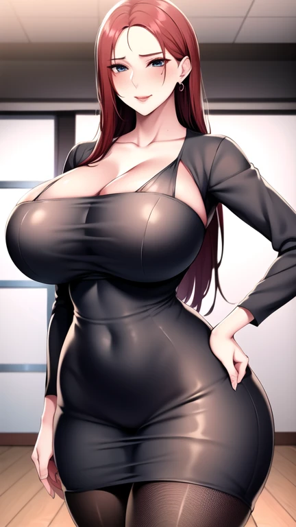 (8k, RAW photo, best quality, masterpiece:1.2),
1girl,solo,mature female,brown hair,brown eyes, breasts, cleavage, black dress, looking at viewer,
looking at viewer, smile, gigantic breast, cleavage
