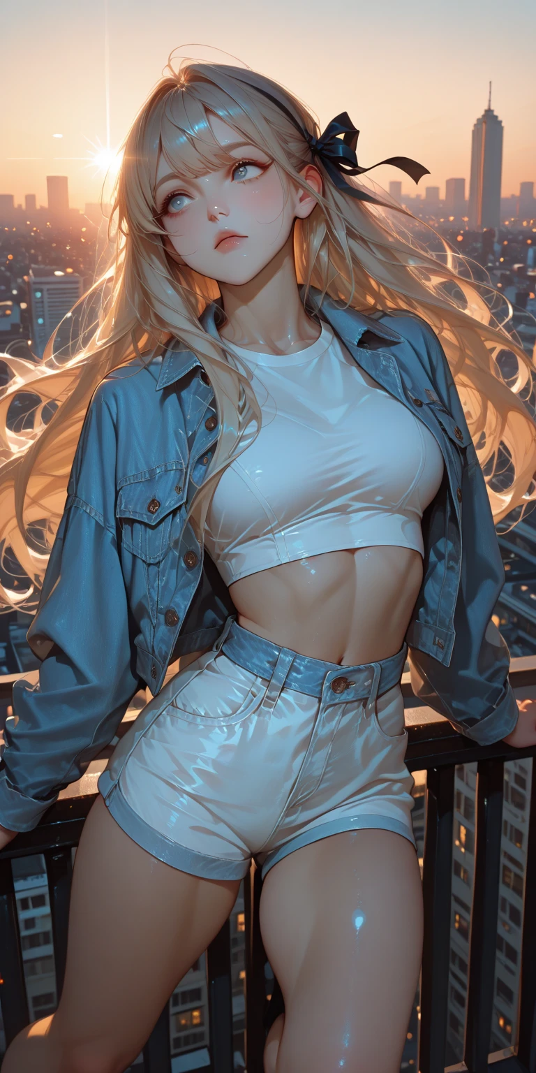 (best quality: 1.2), clean face, (masterpiece: 1.2, 8k) perfect anatomy, 1girl,a beautiful fashion model ,(masterpiece, official art, best quality shiny hair, blonde hair with streaks in hair, full lips, big breasts, slutty outfit, cleavage, shiny skin, looking at viewer, (cyber bikini), long abdomen