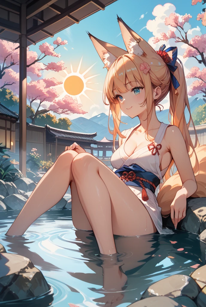 1 girl（masterpiece，top quality，best quality，official art，Beauty and aesthetics：1.2），blonde hair，green eyes，long hair，big sister，tall figure，enchanted，enchanting，Flushed complexion， playful expression while Blushing, super gigantic breasts，Breasts larger than the head, kimono, clogs，Off the shoulders, cleavage，Sitting on the stone steps by the water of a hot spring, thigh exposed.
