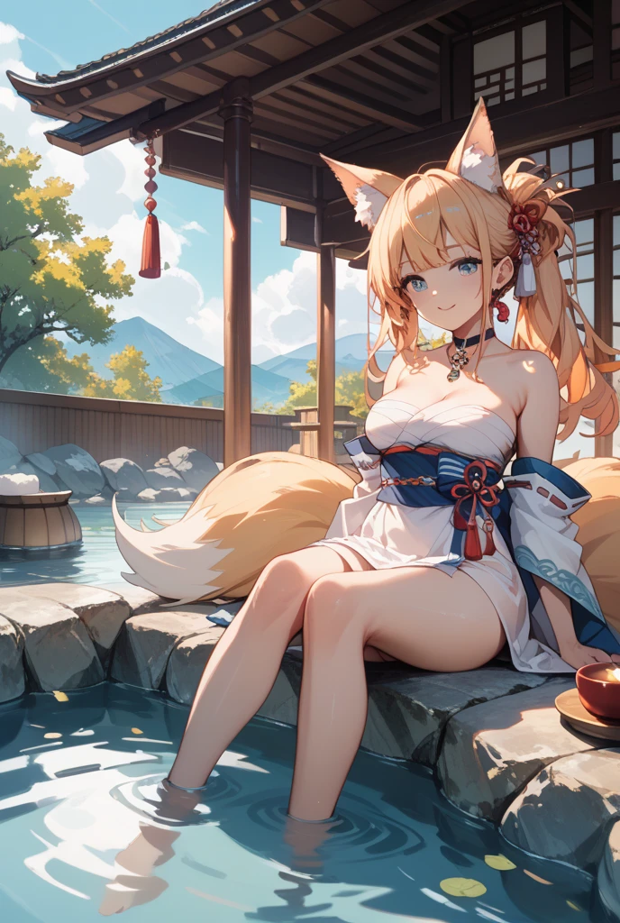 ((close-up face)), ((face)), ((beautiful eyes)), ((masterpiece:1.3)), best quality, ultra-detailed, ((illustration)), 1girl, solo, ((ru_qun, ruqun original_outfit, clear details, kimono)), daytime, cute, mature, ponytail, ((fox girl, fox ears, fox tail, kitsune:1.2)), ((blonde hair, hair bell: 1.1)), ((green eyes)), comfortable, relaxed, confident, satisfied, emotionless, natural light, shadow, contrast, texture, detail, realism, impressionistic, expressionistic, innovative, experimental, unique, warmth, coziness, intimacy, personal space, privacy, relaxation, ease, contentment, pleasure, self-expression, individuality, fashion, style, aesthetics, beauty, sensuality, flirtatious, provocative, innocent, vibrancy, joy, emotion, creativity, imagination, artistry, composition, balance, harmony, rhythm, color, light, shadow, reflection, refraction, tone, contrast, foreground, middle ground, background, naturalistic, figurative, representational