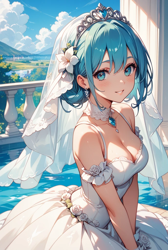 a beautiful girl, wedding dress made of water, water body, humanoid appearance, serious, 26 years old