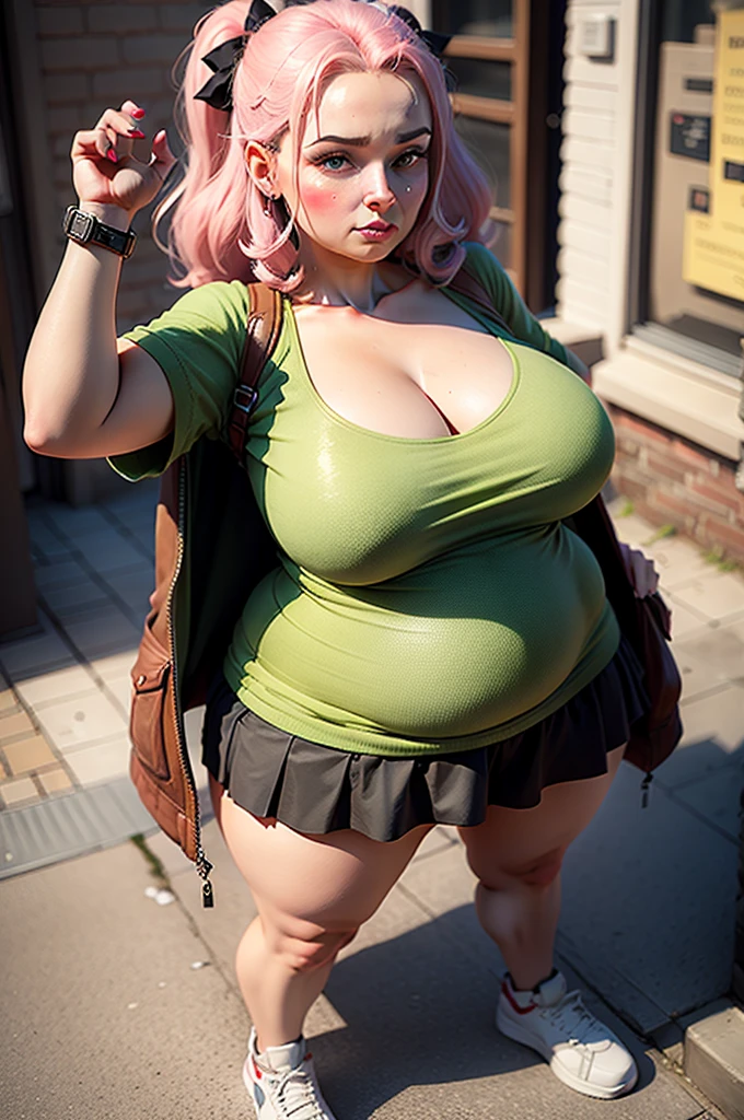 Wife 30 years old,plump figure,Large Breasts,Light brown wavy hair,earrings,Smile,pedestrian mall,Sun,breeze,Tree shadow,light pink vest,Sexy,noble,red glasses,green eyes