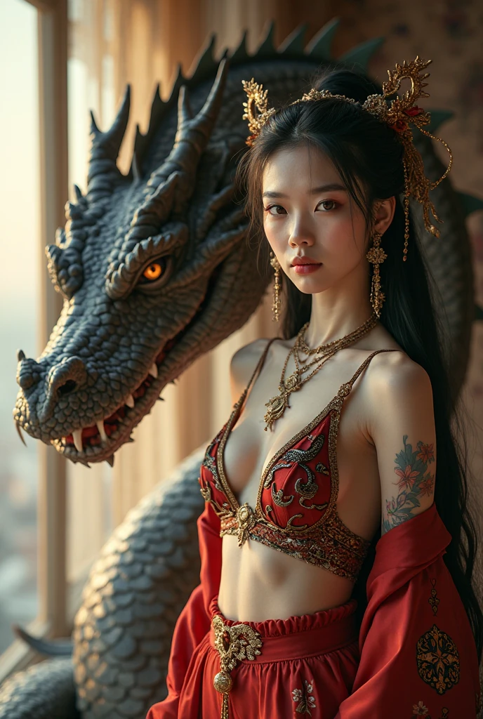 (heavy breasts)、top-quality、​masterpiece、超A high resolution、（Black Dragon Armor）、(((made of metal))),(((Colossal tits)))、(((Detailed white micro bikini))),(Wearing a beautiful crown made of jewels),(Photorealsitic:1.4)、Raw photo、女の子1人、(((Random hair))、(((Take different poses)))、glowy skin、(((Black Dragon)))、Intricate and ornate hair ornaments、（Looks like a gorgeous jewelry necklace）、（A person who sees with calm and goddess-like eyes）Happiness:1.2)、（metal bikini background)).((Beautiful coral and sea background))、Precipitous cliffs、(ruins background)、((super realistic details))、portlate、globalillumination、（sexypose）、Shadow、octan render、8K、Colossal tits、Raw skin exposed in the cleavage、metals、Details of complex ornaments、Japan details、highly intricate detail、Realistic light、CG Society Trenlow Eyes、Eyes shining towards the camera、Toostock、（veils）、(((Heavy Big))),Shining eyes shine、Armpit、