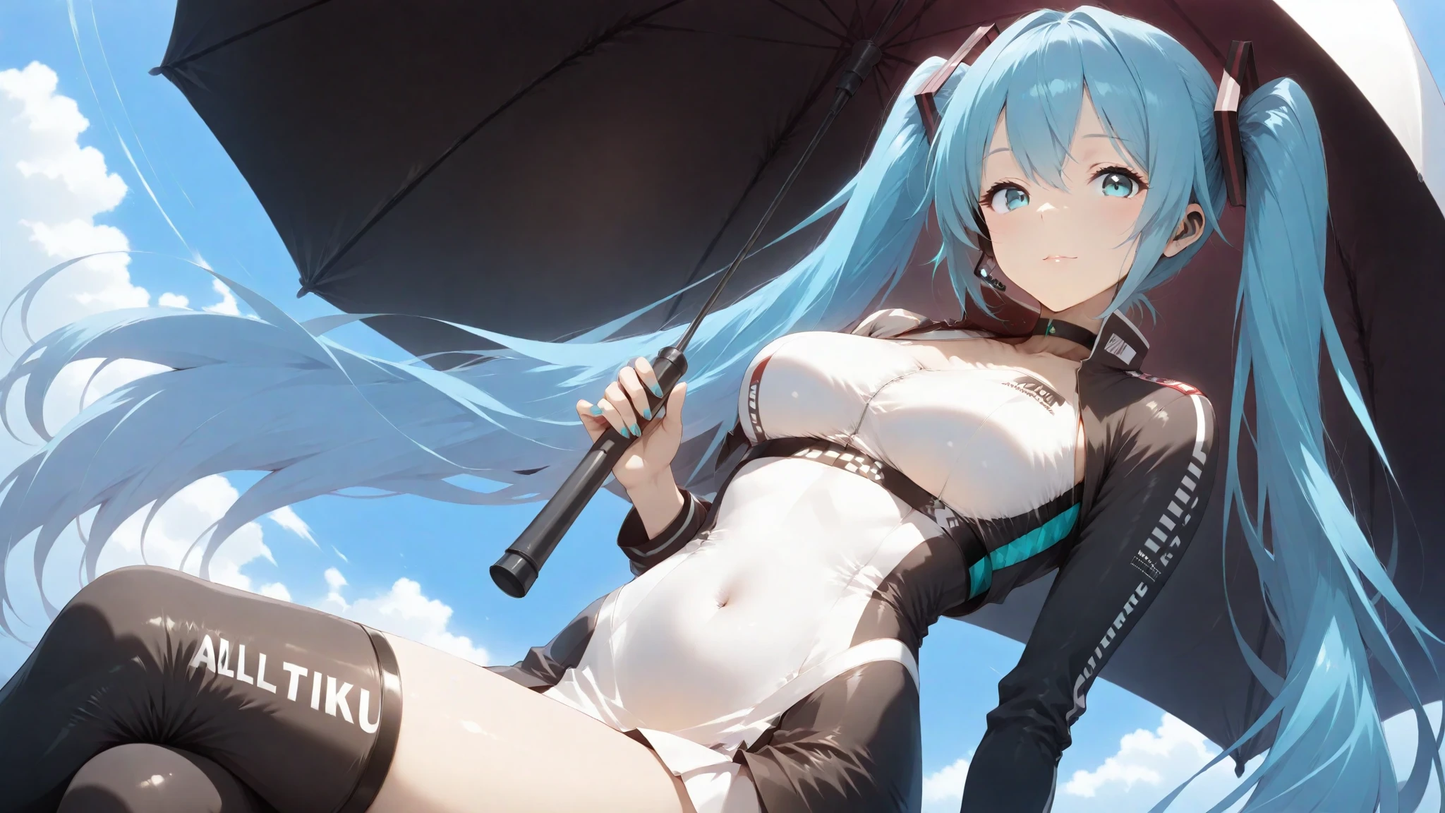 anime girl with blue hair and a white hat posing for a picture, 2 d anime style, anime style 4 k, glowing blue, 4k anime wallpaper, black and blue, anime girl with long hair, cyberpunk anime girl in hoodie, cyberpunk anime girl, trending on artstation pixiv, anime style. 8k, 2 d anime, popular on pixiv, revealing clothing,style image of a woman in a black uniform and a black coach hat, designer black plus symbol in the middle of hat, black designer short skirt, long sexy legs, big tits, white high heels, striking pose, ultra hd, ultra resolution quality, best quality, masterpiece, great , ultra hd quality, best resolution, 4k, ultra 4k hd, 8k, ultra 8k hd, 8k hd