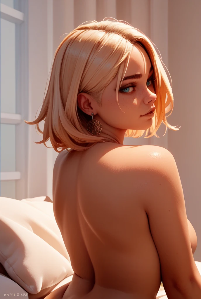 masterpiece, ultra high-quality, extremely detailed, 8k, high resolution, 1girl, mabui, dark skin, white hair, hair bun, green eyes, thin body, huge breasts, bubble butt, firm butt, slim waist, strapless, lace, bra, highleg panties, beautiful face, bedroom, from behind, medium full shot photo