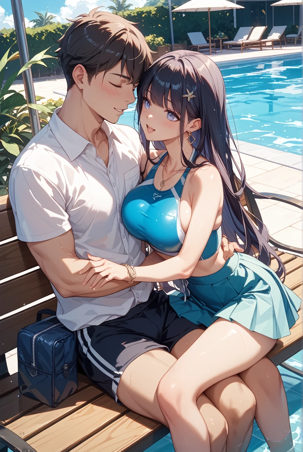 kiss、a couple、Lovers、Romance、Overflowing、Full body painting、Fluttering chest、Sheer lace underwear、Underwear to take off、teats、teatsが透ける、ピンクteats、pink areolae、clit、Inter-strands、a coupleポーズ, Engaging pose, kissing together cutely, passionate pose, 素敵なa couple, 1 male,(blonde hair, Gold eyes、tall、190 cm、manly、Handsome man、Beautiful shape、Best style、Beautiful prince,Strong body、Sexy costumes、tall、Wet gowns、Open chest、flowing)、1 female(Pink hair,stright long hair、Pink eyes、cute large eyes,優しいA smile、Flowers in the hair、小柄、huge tit、Best style、Perfect Style、rise)、Put your arms around your waist、hug、Grabbing the waist、araffe woman in a white lingerie posing for a picture, lingeries beauty, wearing sexy lingerie, , translucent dress, Translucent body, iridescent shiny sheer lingerie, sexy dress, wavy lingeries, smooth translucent white skin, lingerie, beautiful sexy woman photo, Sexy style, Lovely woman, Transparent dress, Open V chest clothes, young graceful、The fountain、splash water、izumi, sunny day in a park, bright sunny day、bright sunny summer day,blue-sky、shine、kirakira、Sparkling lake、Crystal clear water、Bright sunshine、colorful flower、Surrounded by flowers、Closely attached、A smile、A slight smil、Gentle eyes