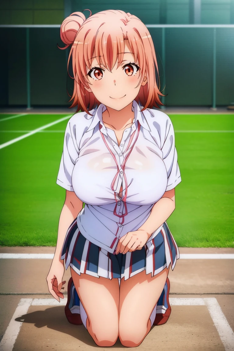 highest quality, High resolution, perfect pixel, Depth of the bounds written, 4k, beautiful anime girl, perfect body,
looking at the viewer,
Yuigahama Yui, 1 girl, short hair, pink hair, hair bun, pink eye,
large breast,
tennis uniform,
cowboy shot,