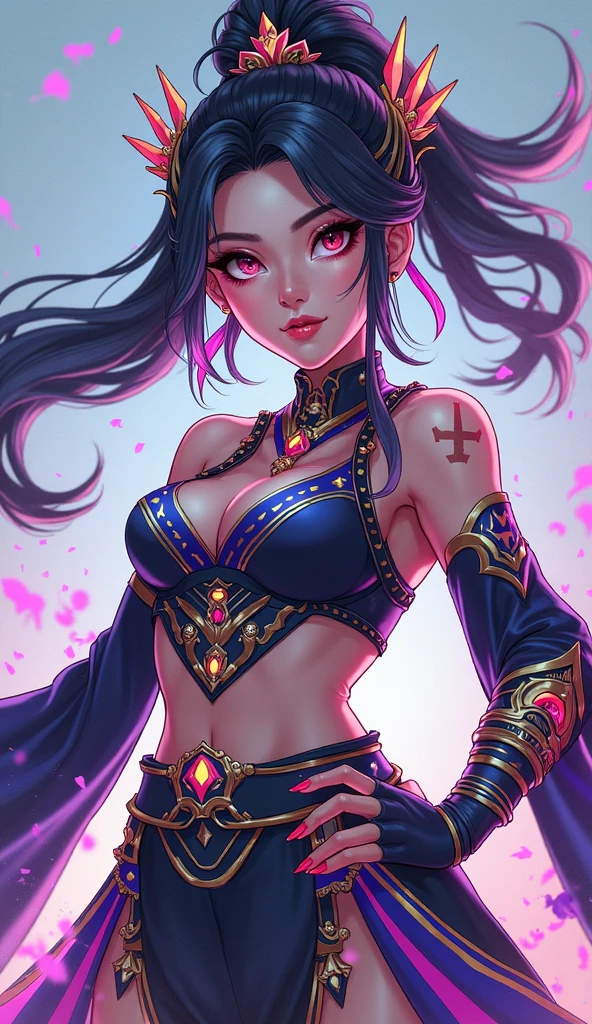 A wasit up solo portrait, Masterpiece Quality, complex details, close-up shot, color-defused, of a sexy dark-skinned African-american woman, with long dark black hair, dreadlocks, braids, purple glowing eyes, long pointed ears, and a long skinned tail, lust demon, sorceress, villain, demoness, eerie, hot