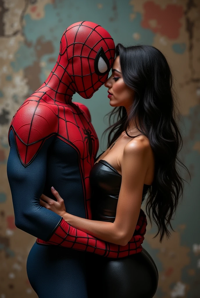 Spider-Man with with Kim Kardashian looking at camera