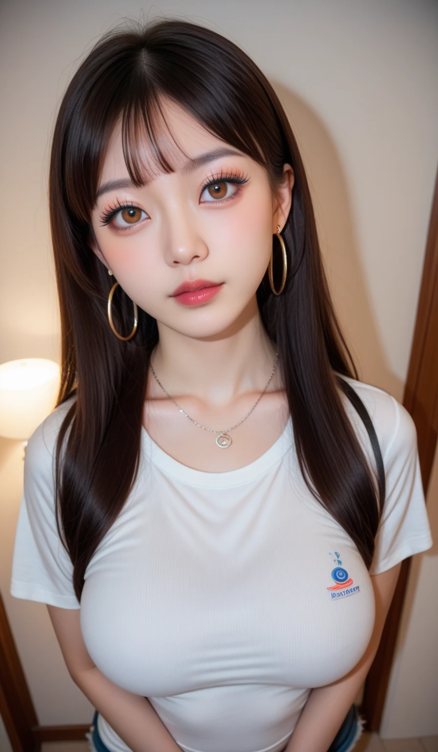 (masterpiece, highest quality, highest quality, Official Art, beautifully、beautiful:1.2), 、RAW Photos、 4K - ultra-vivid、highest quality, masterpiece, Ultra-high resolution, (reality: 1.4), Cinema Lighting、(Key light at 45 degrees from the front,Orange Fill Light、Soft Blue Backlight、Strong Shadows、Blue and orange color palette), Accurate human body、Knowledgeable person、Correct five-finger
(Oilskin,Glowing Skin、Realistic skin texture、Beautiful skin in every detail),
(jirai type girl:1.3、 jirai type make up:1.3, Cross-up、Long eyelashes、Prominent double eyelids、Red eyeliner、Sparkling under-eye bags、Long black hair), (mega Big Breasts1.5),
(night:1.8),Moonlit bedroom, Drinking alcohol from a glass bottle