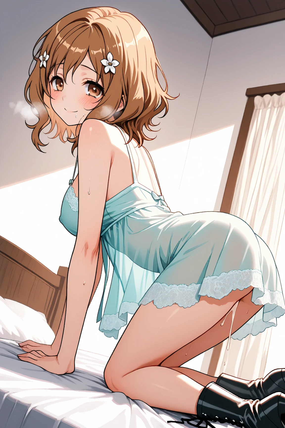 Highest quality, High resolution, masterpiece, (Beautiful Eyes), (fine grain), Detailed face, kumiko oumae, Brown eyes, Brown Hair, short hair, Wavy Hair, smile, blush, indoor, Bedroom, White bed, View your audience, Sit on the bed, (stretch:1.5), (Wide pelvis:1.5), (Big Ass), (black_good:1.5), (black_panties:1.5), (Thick thighs), Browsing Caution,  (Perfect hands, Perfect Anatomy),