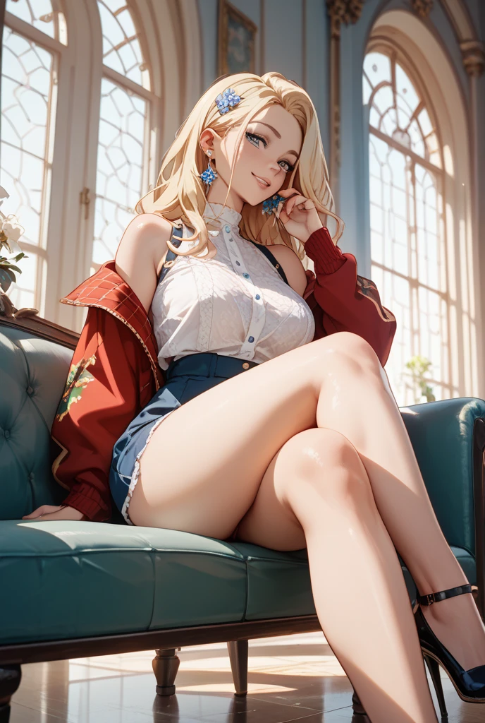 (((Blonde stunning hair))), (blue eyes), blue necklace, Golden earrings, Fit, Gorgeous Body, gorgeous, brown eyebrows, (two moles over lip), big pupils, (23 years old), 1girl,solo, complex skin, warm light, (large breasts), wide thighs, round butt, 5 fingers, ((blushing)), ((detailed face, best quality)), ((masterpiece)), ((ultra-detailed)), (beautiful detailed eyes), red lip, eyeshadow, beautiful face, long hair, very detailed eyes, intricate details in eyes, perfect lips, good lighting, cleavage, ((smug face)), sexy short dress, ((showing off cleavage)), (sitting with knees folded on bed, short white socks, feet up, feet focused, smirk:1.4), (full body , from below, pov:1.5)