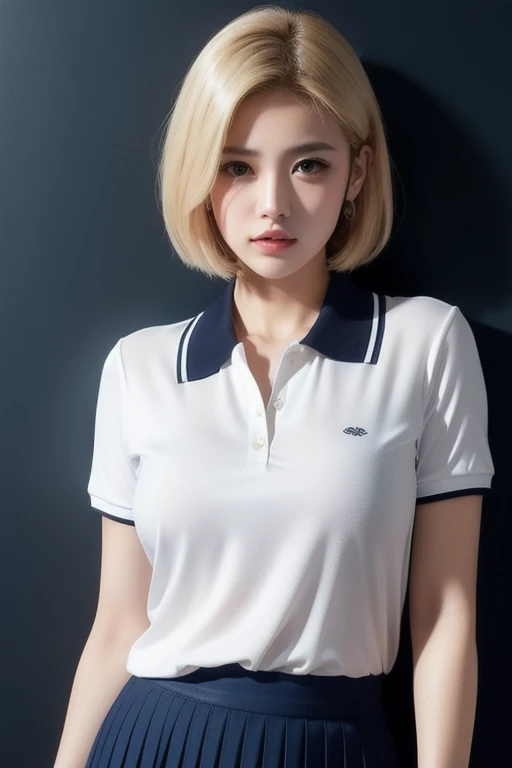 Realistic, masterpiece, Highest quality, Dark grey blank background, Drawn from the waist up(1girl:1.3), (Beautiful eyes drawn in detail, Long, narrow eyes, Dark Eyes), (Thin eyebrows), (Delicate eyelashes, Long eyelashes, Eyelash extensions), (Hidden eyelid wrinkles:1.3), Make-up for a date, (Blonde, short hair, middle part:1.3), Smiling happily with eyes closed, I can see some teeth, blue nike polo shirt