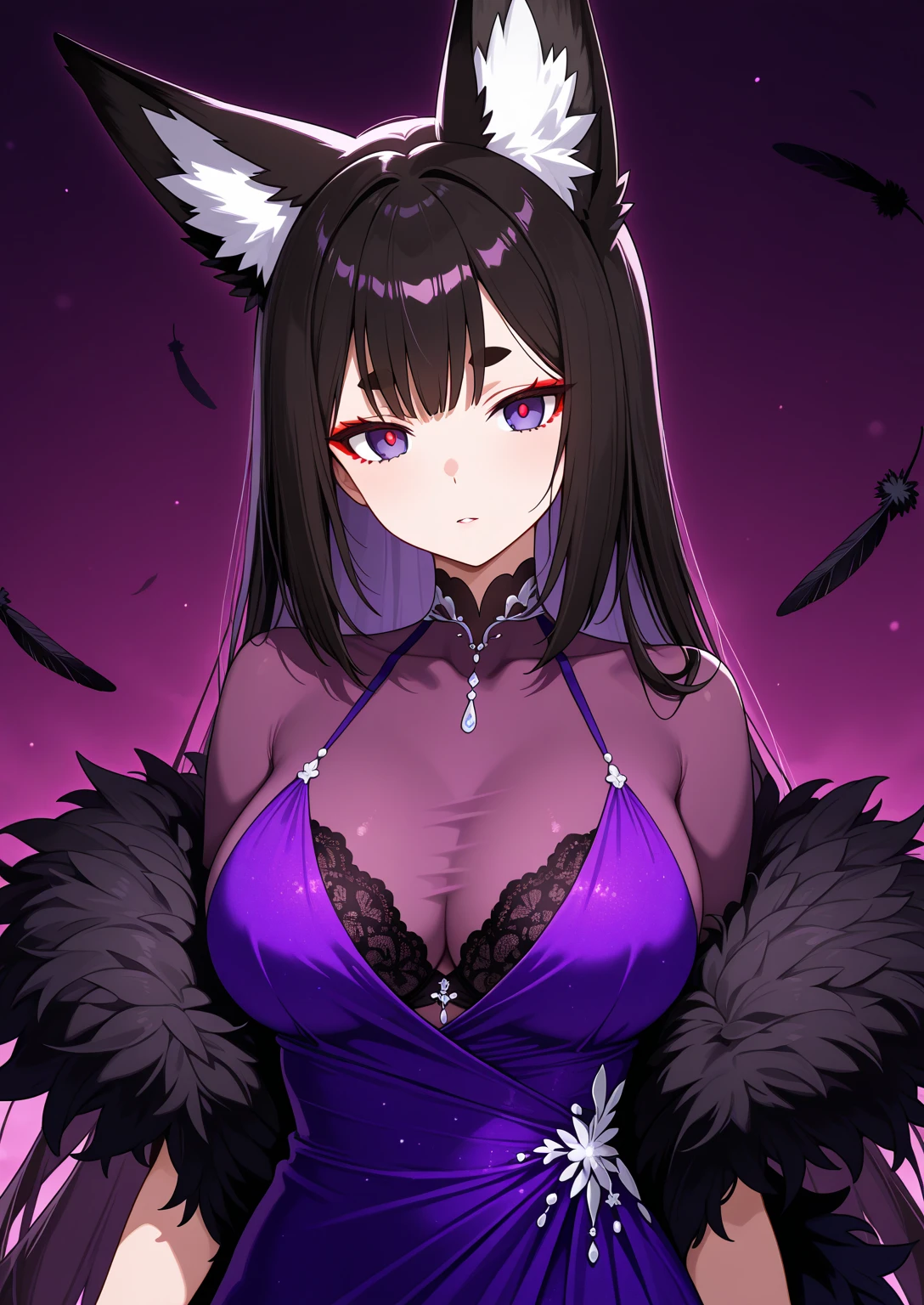 furry cat girl, anime western style art, small cat ears, very large breasts, blue blue and violet colored cat eyes, slit irises, thin iris, violet mist aura, body, jet black kimono laced with dark purple linen, cat fur covering body, violet claws, furry person, paws, cat face, muzzle, Japanese background, paws, demonic violet aura, long hair, silky hair, straight hair, black fur covering entire body, Multiple tails, small purple demon single horn on forehead, toe-beans on paws, purple claws, visible paw pads, cute, magical violet aura, black fur, purple gemstone kimono, 2 cat tails. Furry Wings, Medium sized Wings, kneeling, large smile, straight hair, kneeling pose, legs spread, adorable, paws, fur covering entire body, furry paws, fluffy, dommy mommy, ara ara, ????, ?????