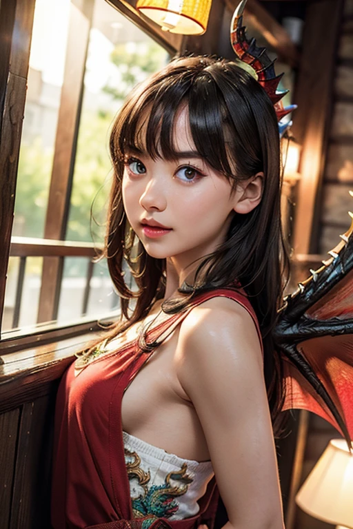 ((obra maestra+La mejor calidad+High resolution),(dreamy atmosphere+Soft lighting),(1 character),(Mysterious expression+Poses elegantes),(cabello suelto+ojos brillantes), (Dragon horns and wings), (Deep red magic costume+detalles delicados))
