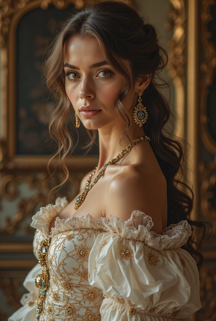 stunningly beautiful Polish noble woman with striking eyes and flowing hair, slim face, small chin, delicate lips, fancy dress, fancy room, big 