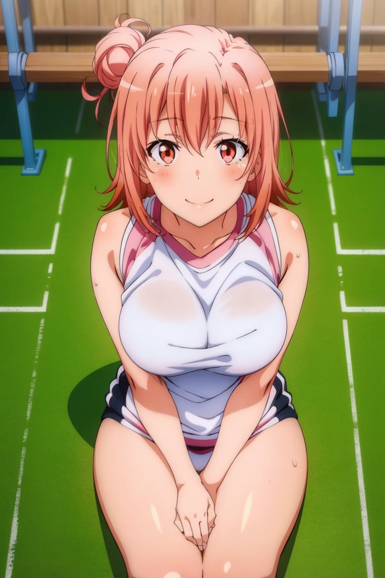 ((masutepiece, Best Quality, hight resolution, nffsw, Perfect Pixel, depth of fields, 4K, )), 1girl in, Solo, , Beautiful anime girl, Beautiful Art Style, close up, Looking up at Viewer, Perfect body, Yuigahama Yui, Short hair, single hair bun, pink hair, (large boob), Full face blush, Smile, thighs thighs thighs thighs, race queen, cleavage, white background, hands on knees, shot from above, Focus,