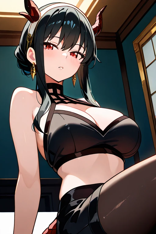 muscular girl huge breasts against wall black hair yellow eyes frown sad blushing tight red shirt muscular muscular