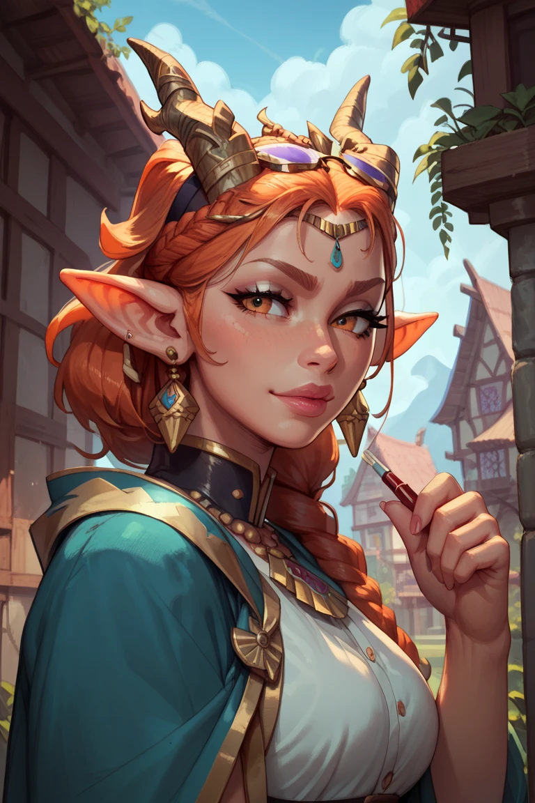 score_9, score_8_up, score_7_up, score_6_up, detailed drawing, 1girl, beautiful, tiefling druid, orange hair, short hair with long locks, small horns, war paint, tribal markings, grey skin, green eyes, glowing eyes, colored sclera, dynamic shot, upper body, raised eyebrow, surprised, open mouth, outdoors, colored skin, natural green robes, bead necklace, hands up, nose blush, looking away, <lora:Calmlike_V3:1> calmfd, <lora:add-detail-xl:.6>, <lora:RMSDXL_Enhance:.6>, <lora:EnvyDramaticLightingXL01:.5>