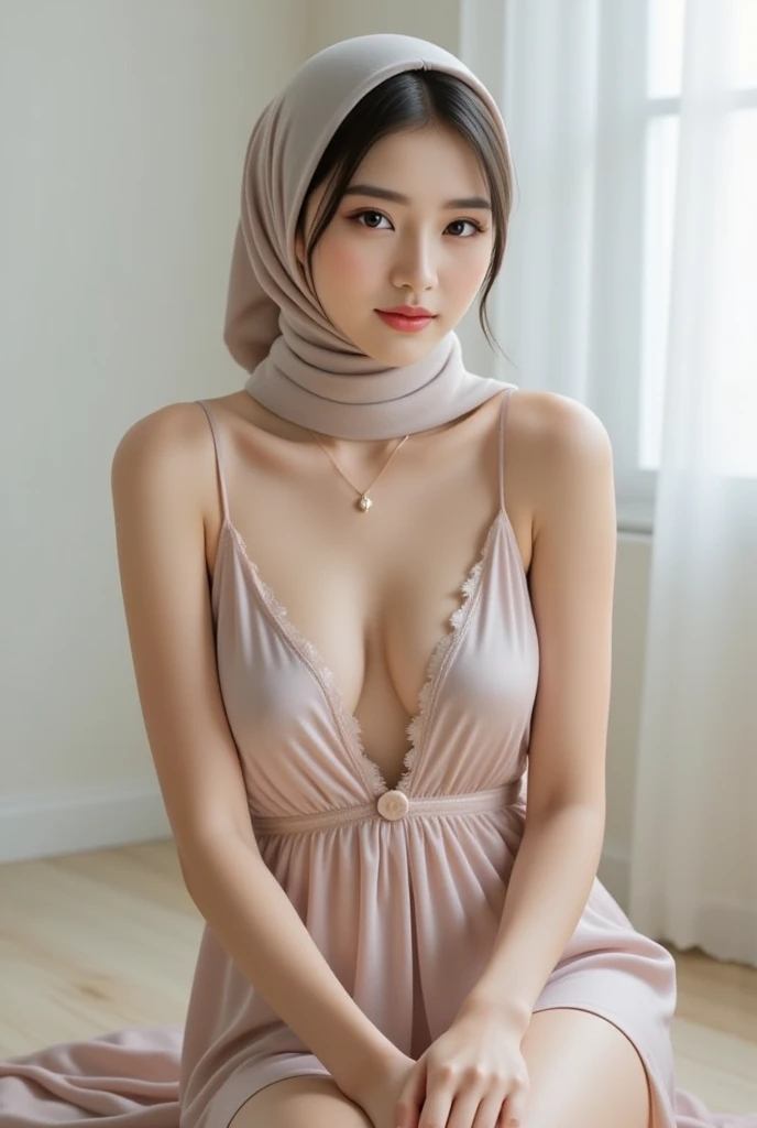 Cleavage, RAW, Best quality, high resolution, Masterpiece: 1.3, Beautiful glasses hijabi java girl, Masterpiece, Soft smile ( huge big breast), uncovered big breast, Fully naked, ((spread leg showing vagina)), showing pussy, spread legs, open leg, perfect vagina,  sensuality pose, sensual position,  sexy pose,  (showing vagina). Full body, showing her ass