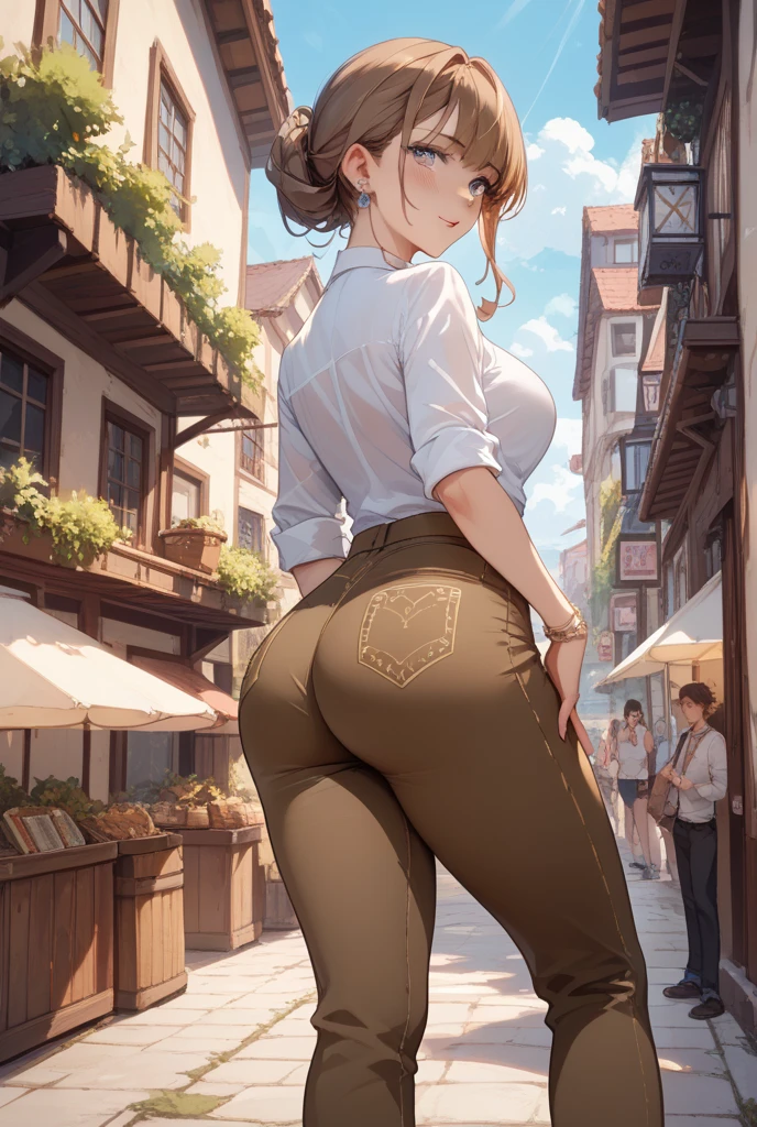 Digital art, trending on artstation, masterpiece, insanely detailed, pixiv fanbox, stunning environment, wide-angle, solo, cowboy shot, wide hips, blush, ((from behind)), perfect face, perfect eyes, brown eyes, garnet til alexandros xvii, orange bodysuit, long hair, standing, <lora:garnetTilAlexandrosXVIIStr1TriggersGarnet (final fantasy) Garnet til alexandros XVII:1>