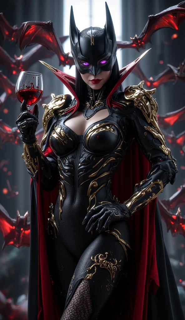a close up of a woman in a black and red costume, seductive cyberpunk dark fantasy, inspired by Hedi Xandt, beautiful vampire female queen, beautiful vampire queen, alluring and terrifying, beautiful elegant demon queen, intricate latex set, vampire queen, very sexy devil outfit, by Hedi Xandt, gothic and futuristic, vampire fashion