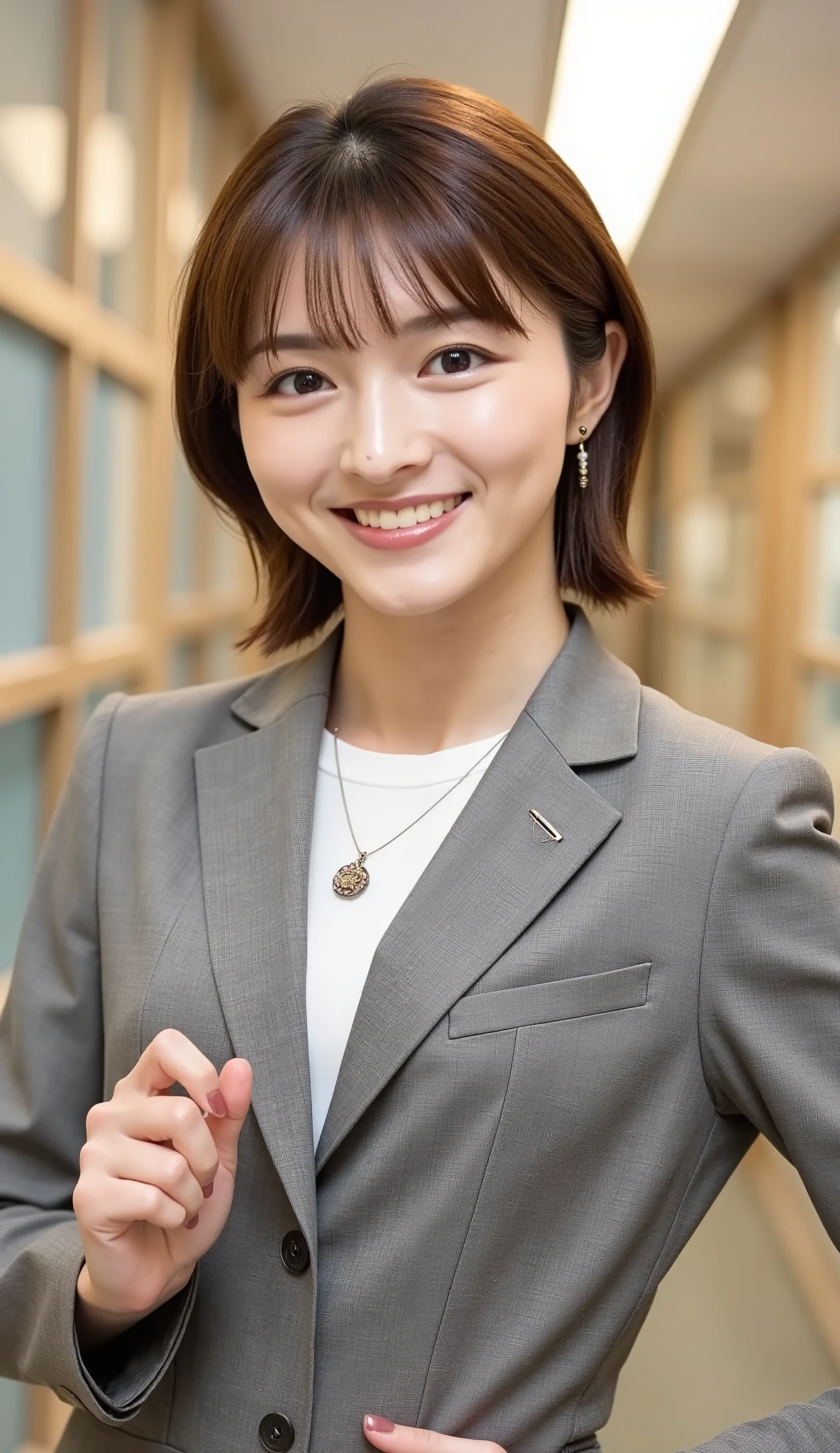 Neat Young Woman、and look at the camera、office lady suit、jacket、shirt、ネックレス、、ear piercing、、smile showing teeth、背景はオフィス