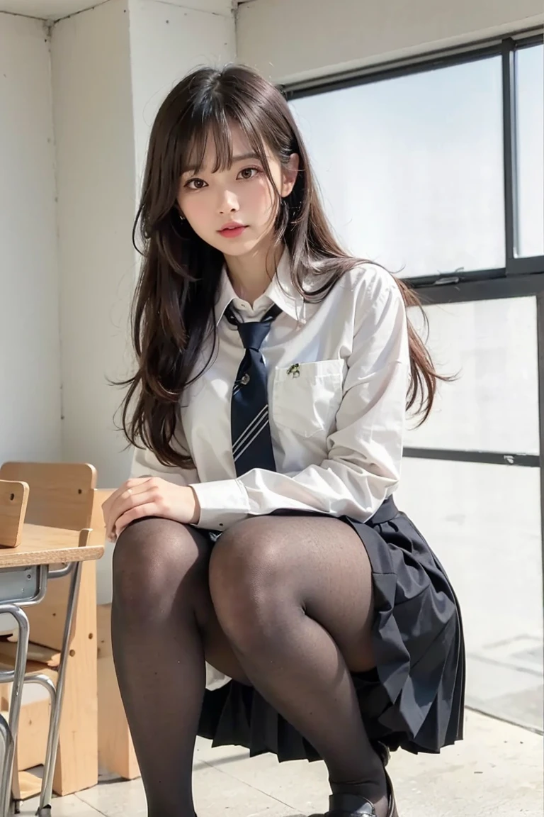 Great quality、8k、flying debris、(RAW Photos:1.4)、High resolution、((Composition away from the subject))、((Sit on the floor with your legs open)), 顔から足首までのFull body photo))、((Perfect Anatomy))、1 female 、Small build、Detailed skin、Glowing Skin、Baby Face、double eyelid、eyes with long eyelashes、Cute droopy eyes、Beautiful big eyes、Small face、smile、Open your mouth、Staring out the window in the school hallway、Stretch your back、The windows provide natural light、Realistic school scenery、middle School 、Blue and grey school bag on shoulder、Slender and delicate body、Small breasts、A blazer uniform with green lines、 、Check skirt、healthy、young woman、black tights、black tights、Brown loafers、loafers、Full Body Shot、Beautiful Hairstyles、Accentuates very slim legs(Please take a picture from the front.), (8k), (Highest quality: 1.5), (Realistic: 1.1), 超High resolution, Very detailed, Golden Ratio, (Two tall Japanese high school s), 24-years-old, (F Cup Big:1.7), Huge breasts((Breast engorgement)), Cleavage, (Full body photo), (Very cute face, Overlooking here, Keep your hands on your hips), Simple uniforms, (Wearing a Japanese office lady uniform), Long sleeve uniform, ((thick and long legs)), ((Very wide thighs:1.6)), ((Very long legs:1.4)), (I always wear black pantyhose), (If it's tight, it won't shine.、Very short), (Oily shiny black pantyhose),(ヒールが高いハイヒールloafersを着用) , Please take a picture from the front, (8k), (Highest quality), (Realistic), (Three tall Japanese high school s), 24-years-old, F Cup Big, (Full body photo), (Angry with a super cute face, Angry face, Overlooking here, Cleavageを強調するために腕を組む, (Very wide thighs), (Plump legs), (They always wear black stockings...),Simple uniforms, Wearing a monochrome Japanese uniform, Street Snap, Japanese blonde, blonde, short hair, hair band, Glare, Frowning, Makeup, Frowning, Frowningをする, Surrealism, First Person View, First Person View, Wide-angle, 超High resolution, Anatomically correct, Super Detail, 16K, プリーツミニスカートと黒ストッキングを履いた女性のFull Body Shot, Japanese , ( Ivory Black ), Japanese women's fashion model, ulzzang, Micro Mini Skirt, (スカートがVery short), (Very long legs), (Very wide thighs), (Plump legs), (She always wears black stockings...), (Wearing brown platform high heels), Accurate high heels, Knee socks