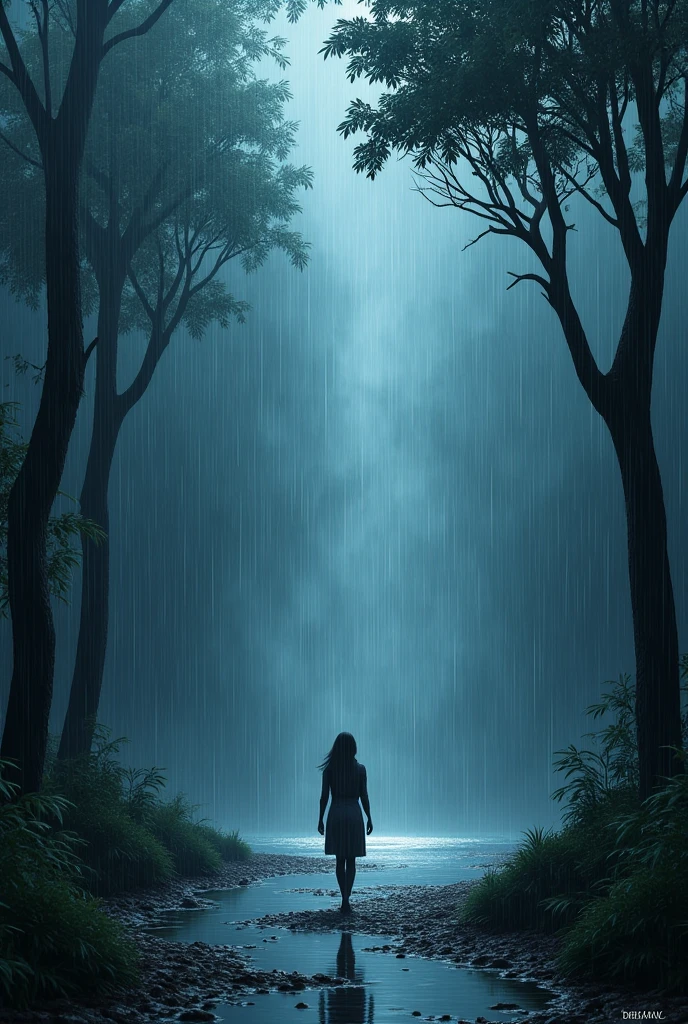 Jamaican mountain, heavy rain, lightpoles, one women walking down the road. More rain effects. No buildings,midnight, Jamaican BLACK WOMAN IN A MOUNTAIN SIDE., woman farther away Extra heavy rain