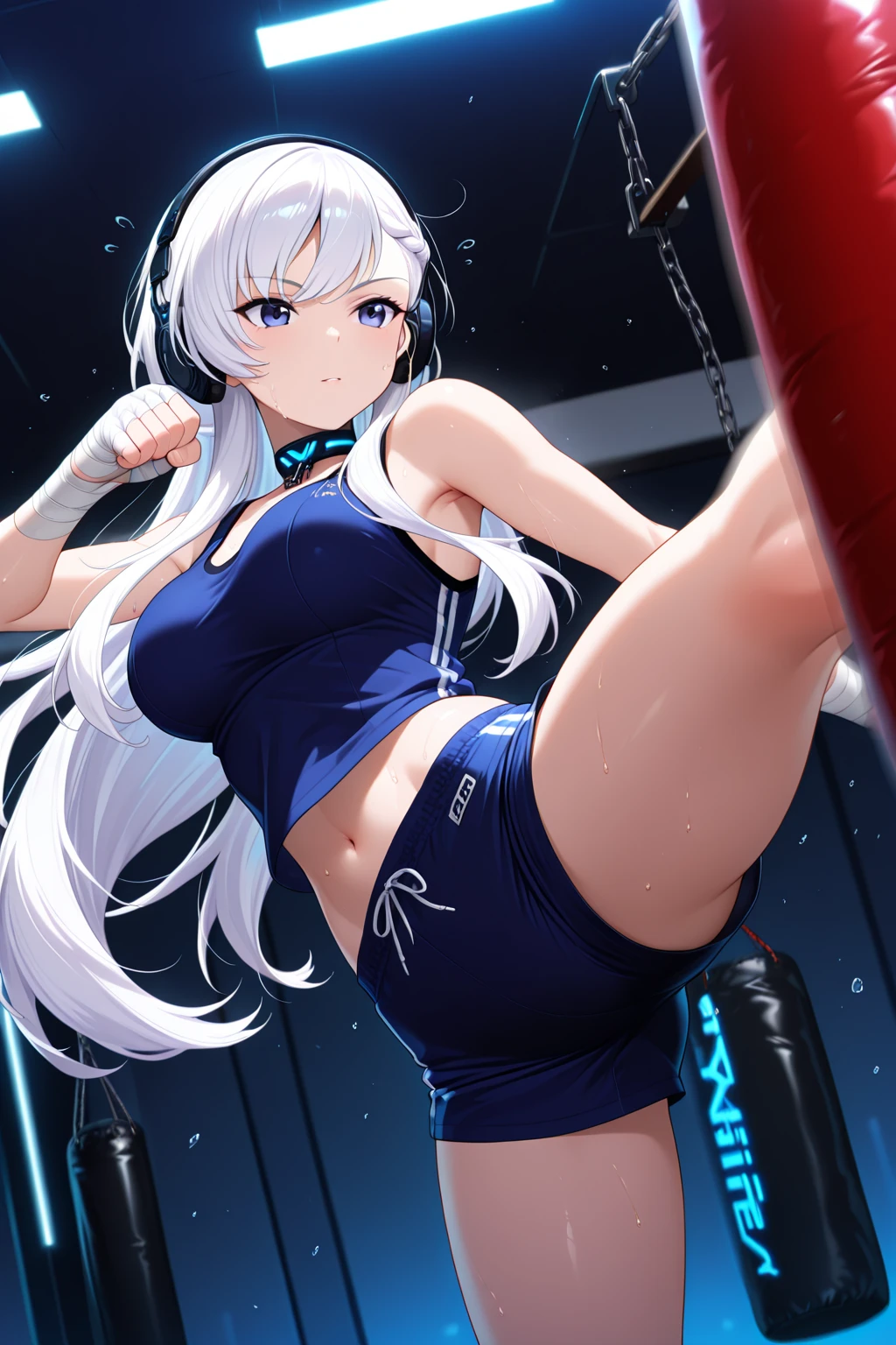 korean beautifull girl,18 years old,Pretty Face,Good shape,detailed picture, Shy expression, blush,White long hair, Wear sexy yoga clothes,Wear black pantyhose, Wearing black boxing gloves, Kneeling in a sexy pose on the boxing ring,Large Breasts,Cleavage,Long legs,Thin waist,nipple,Camel toe