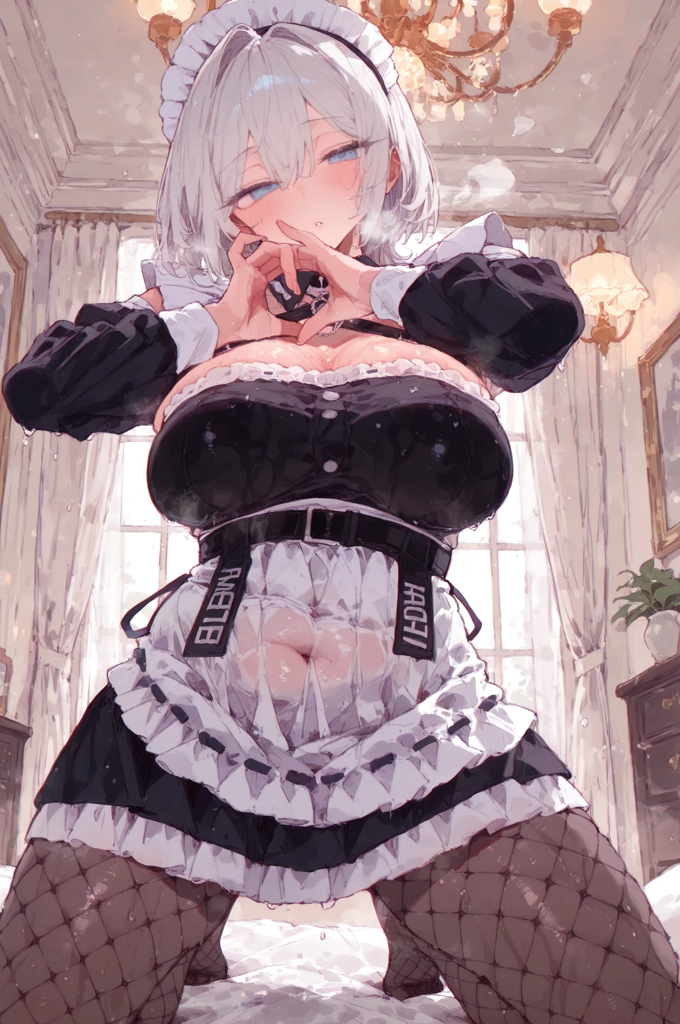 nsfw:0.5, (((HHH))), a precious special eroticism porn scene, Express all her emphasized feelings through her facial expressions and posing,
ultra masterpiece, ultra high quality, spectacle scale, photorealistic:1.3, ultra high resolution, described in ultra fine detail down to the minutiae, sharp, clearly, textured, depth of field, professional composition and lighting, (close-up shot), from below,
sexy, sensuous, erotic, eros, horny, sexually aroused, craving:1.1, (panting), messy, loose, sticky slimy, (raw), shiny, glaring, rich in color,
high grade flashy courtesan, (looking up and (enraptured:1.1 rapt:1.1 (half-open)) bedroom eyes to downward camera view)),
wearing wrinkled (((vivid bright color (shiny satin) sexy pajamas dress))), skindentation, Wedgie, erect nipples, itching pussy,
beautiful sexy face, detailed mouth:1.1, detailed too shiny lips:1.1, large firm breasts, Delicious body, oily wet translucent skin, messy loose (updo) with side-swept bangs hair, gold simple necklace earrings,
((blush)), (((sweat))), a little particle sweat drops, (((steam))), ((sigh)), ((((drooling)))), (((((ecstasy))))), ((((orgasm)))), (((ahegao))), ((((cum on body)))),
((blissful:1.5 ecstatic expression:1.1)), oral vagina, Drooling slimy tongue, Give me her special H service that captivates boys, ecstatic attentive escort service energetically, late night when sexual desire increases, Her sexual energy has increased, Anyway she is a very intense pervert,